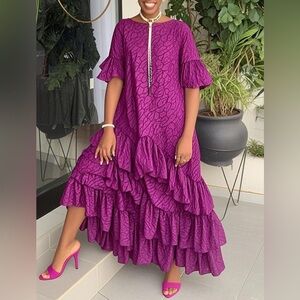 Flared Sleeves Half Sleeves Asymmetric Layered Pleated Printed Maxi Dresses